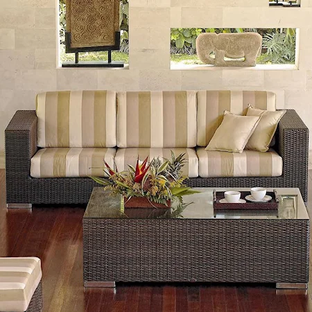 Outdoor Woven Synthetic Wicker with an Aluminum Frame Sofa Featuring Contemporary Box Arms & Cushion Seating